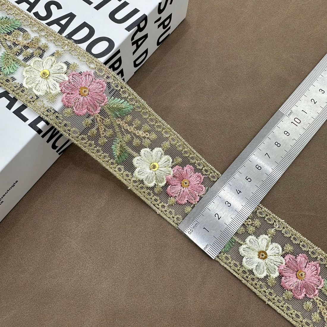 Pink mesh lace trim with double flower sequin embroidery, gold edging and pastel blossoms