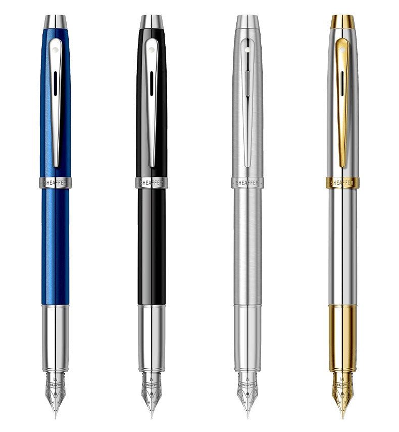 Sheaffer 100 Fountain Pen Gift Set – Fine Nib (~0.5mm), White Clip, Converter & Ink Included | All-Steel / Black Lacquer / Blue Lacquer