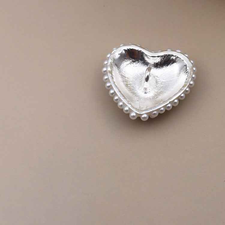 Heart-shaped faux pearl rhinestone metal button, shiny silver-toned, 12 pcs