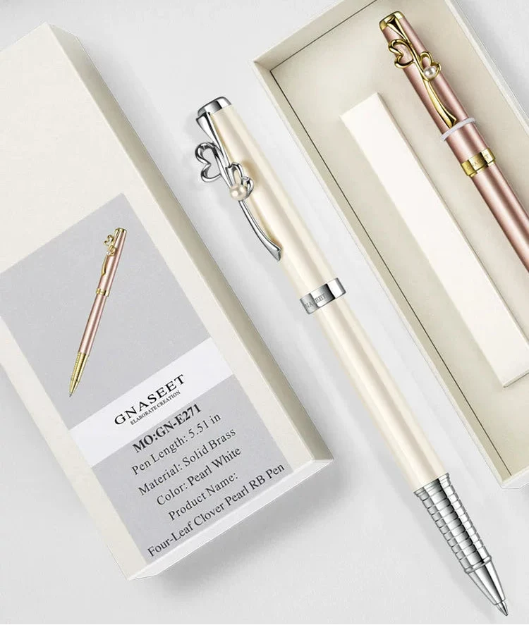 GNASEET Metal Rollerball Pen Gift Set for Women – Gold & White Barrel | Heart / Clover / Butterfly / Rose Clip