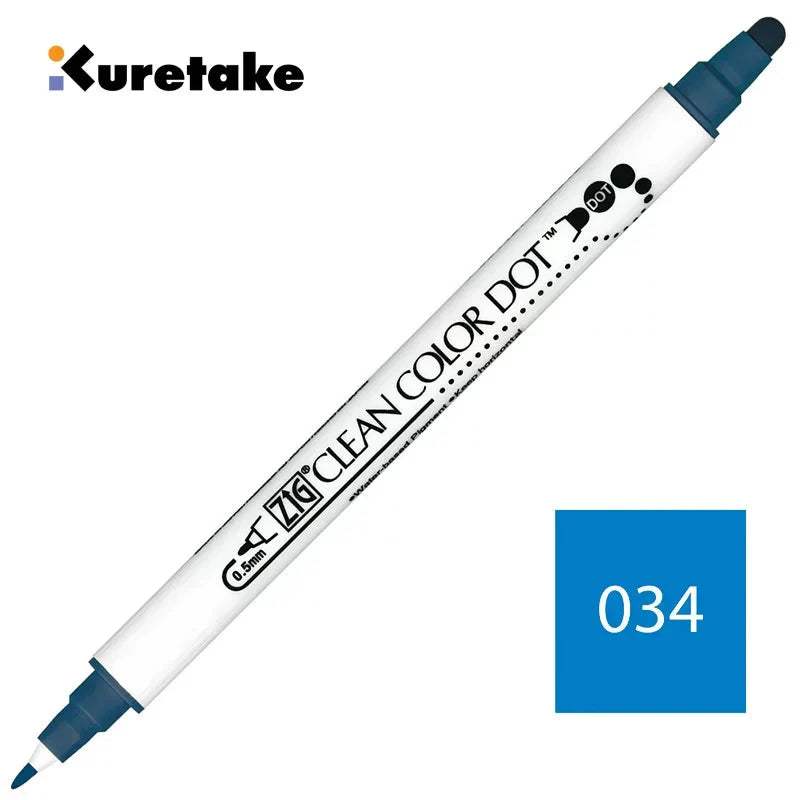 Kuretake ZIG Clean Color Dot TC-6100 – 2-Pack | Dual-Tip Dot & Brush Watercolour Marker | Journal / Illustration / Hand-Lettering | Japan Kuretake 034 Denim Blue