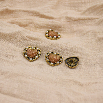 Heart-shaped vintage resin metal buttons, brown with pearl trim, gold-tone, 20–23mm