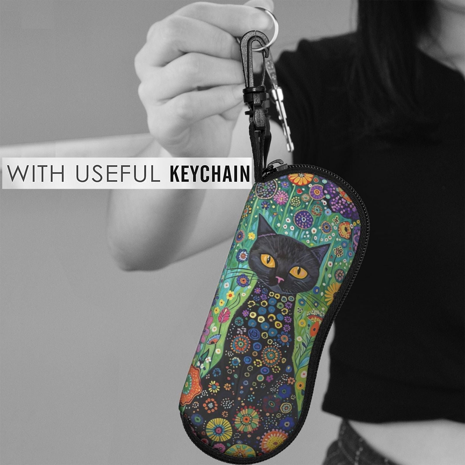 Black Cat Print Glasses Case Soft Eyewear Carrying Pouch with Keychain 2PCS