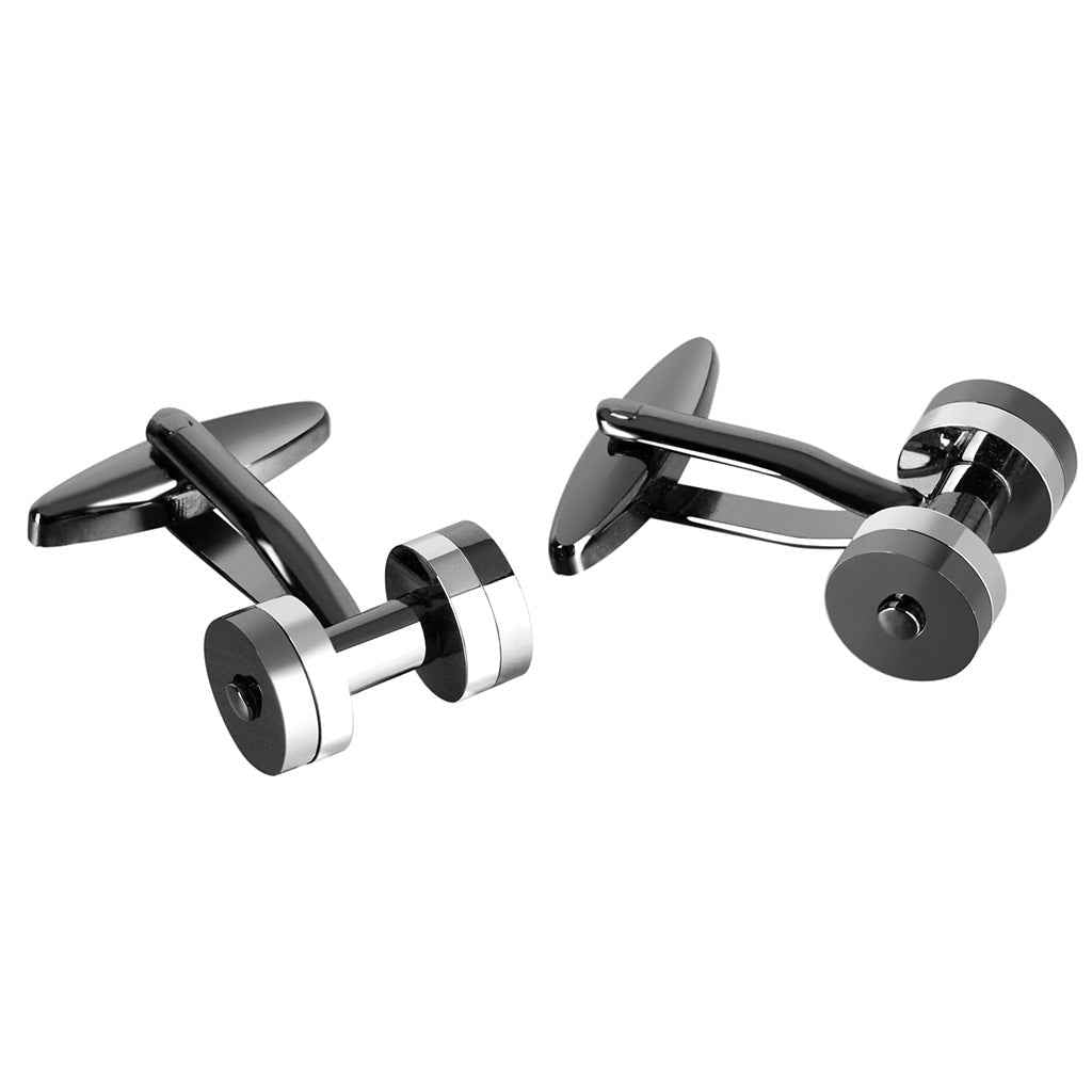 Dumbbell cufflinks in silver and gunmetal with black center bar and end rings