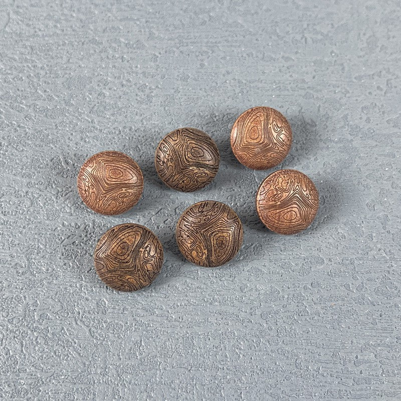 Round wood shank buttons with carved mushroom-grain pattern, assorted sizes