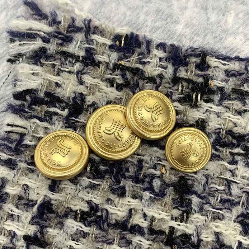 Frosted matte gold round metal shank buttons, embossed motif