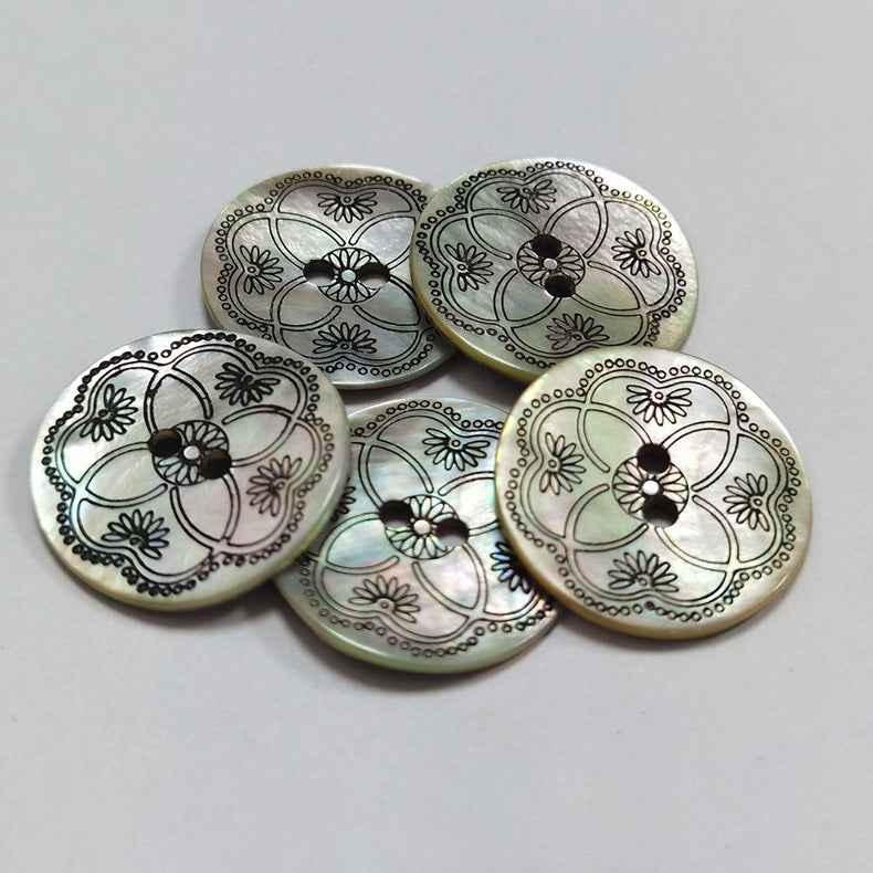 Black patterned mother-of-pearl shell buttons, ornate floral, 2-hole, round