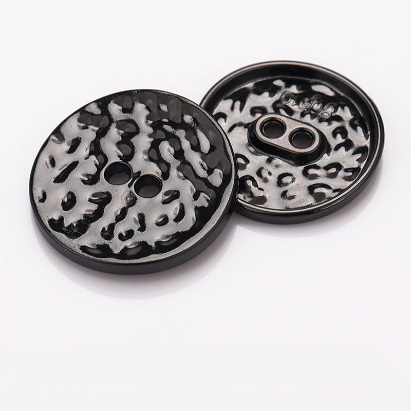 Black textured 2-hole metal buttons, front and back view, two-hole design