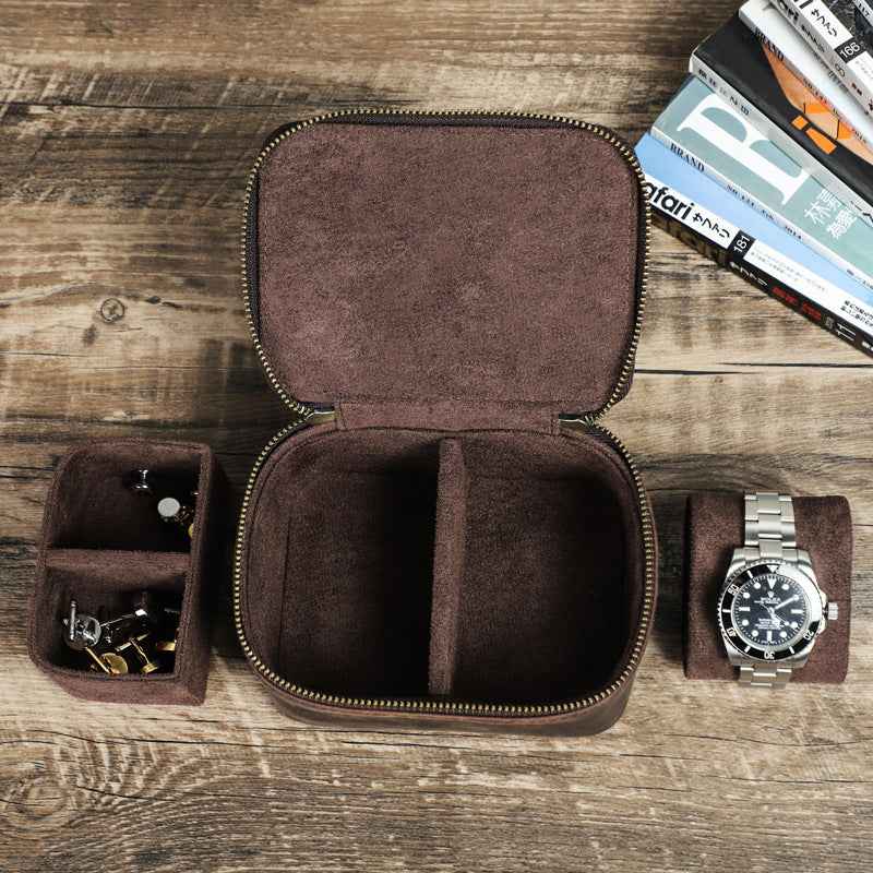 Genuine Leather Watch Travel Case with Double Metal Zippers