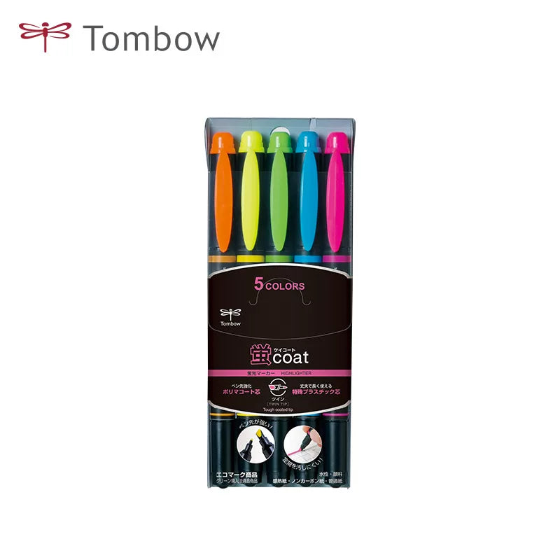 Tombow COAT Dual-Tip Highlighter Set – WA-TC Quick-Dry Marker Pens for Students 5 Colors
