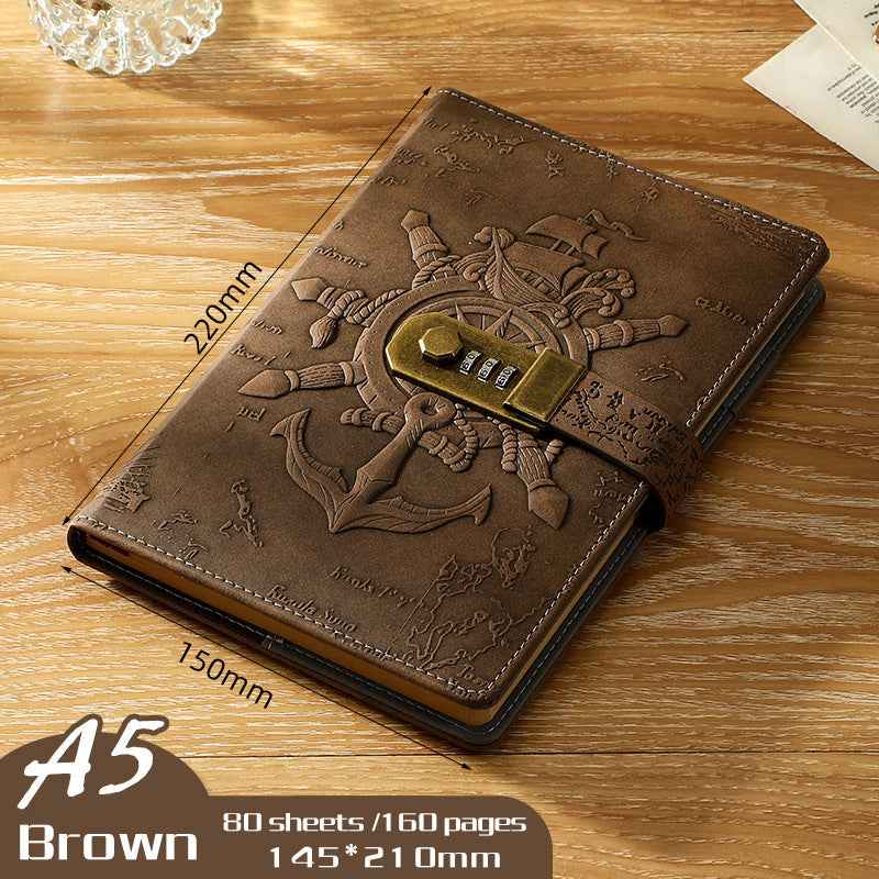Retro Pirate Lock Diary 3D Carved European Style Locked Notebook A5