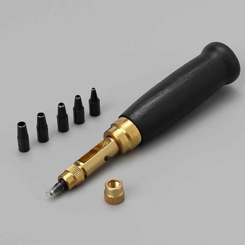Black wood-handle leather belt hole punch tool with spare black punch tips