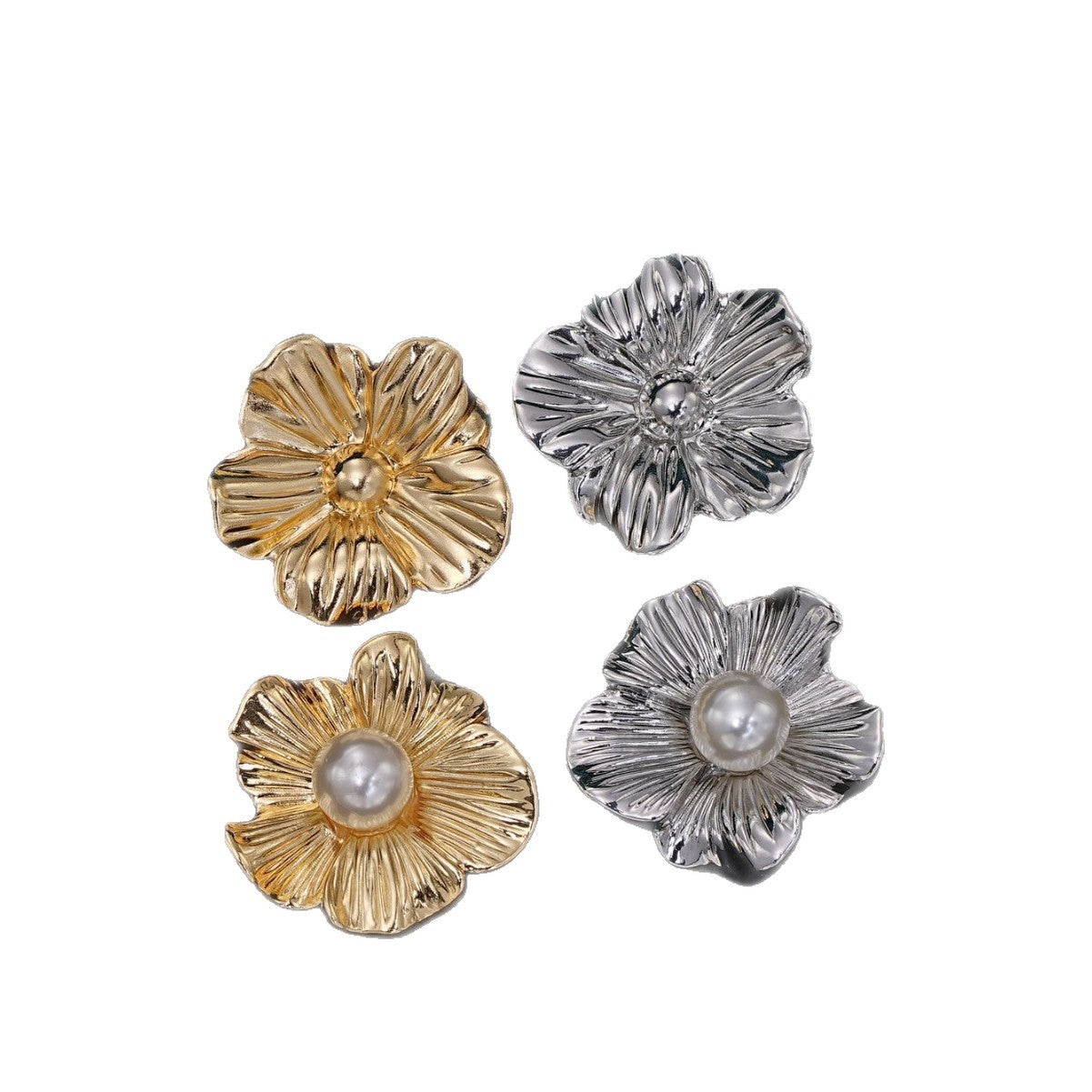 Blüten-Klemmknöpfe-Set: Gold und Silber, mit hellem Stein oder Perlmuttperle