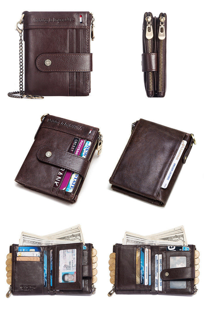 RFID Genuine Leather Card Holder Men's Wallet Double Zipper