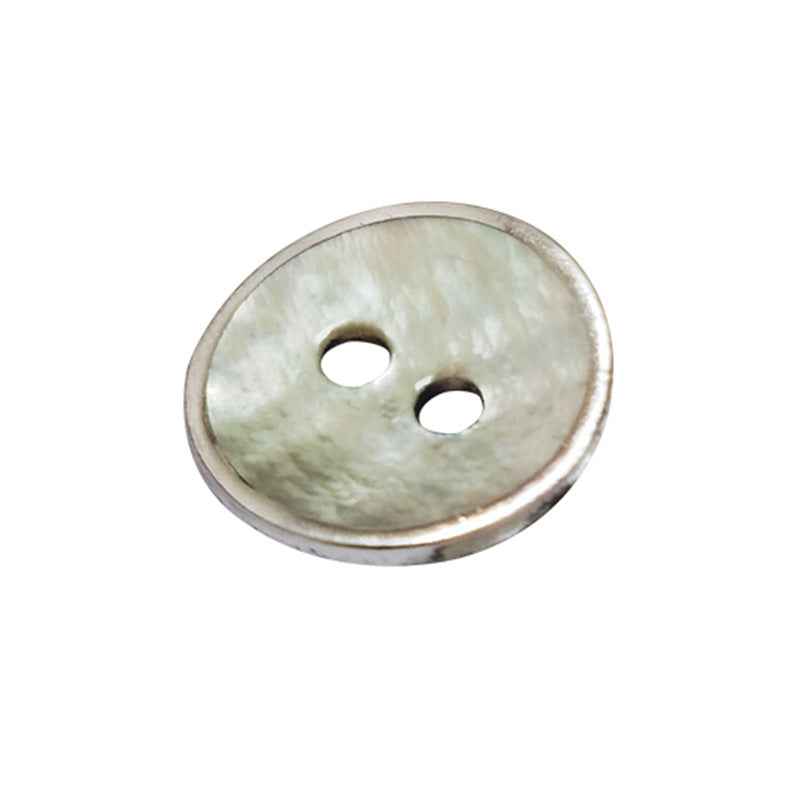 Round two-hole mother-of-pearl shell button with silver edge, close-up