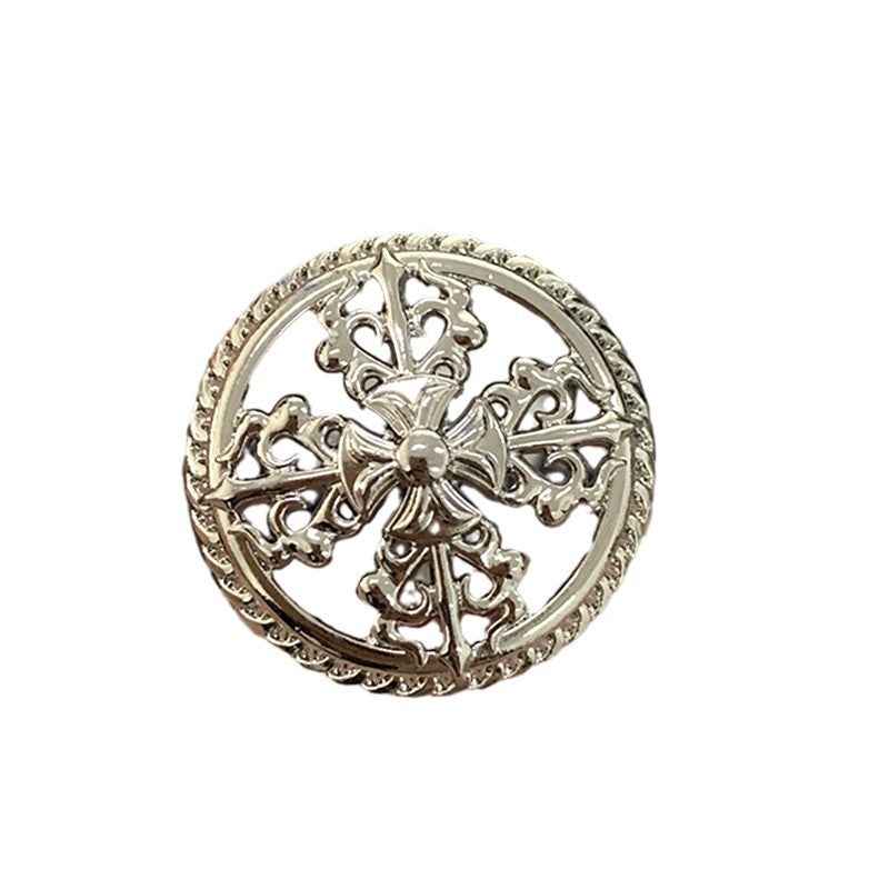 Round silver vintage hollow cross metal shank button, ornate filigree rim