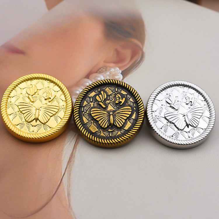 Set: 3 runde Metallknöpfe mit Schmetterling-Relief in Gold, Bronze und Silber