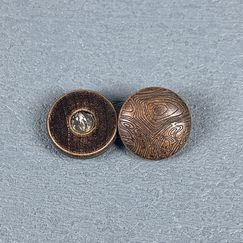 Round wood shank button with dark coffee rim, metal shank, carved mushroom grain