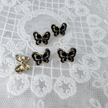 12mm butterfly metal buttons set: black and white enamel, gold-toned back loops