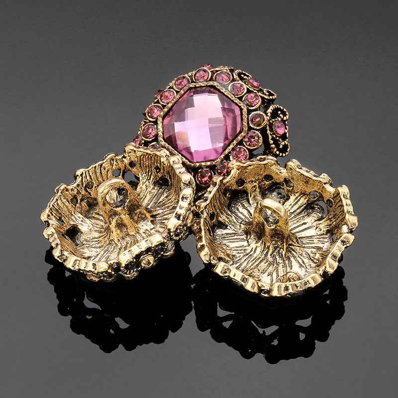 Rhinestone coat shank buttons: pink faceted front with gold-tone backs and ornate crystal edging