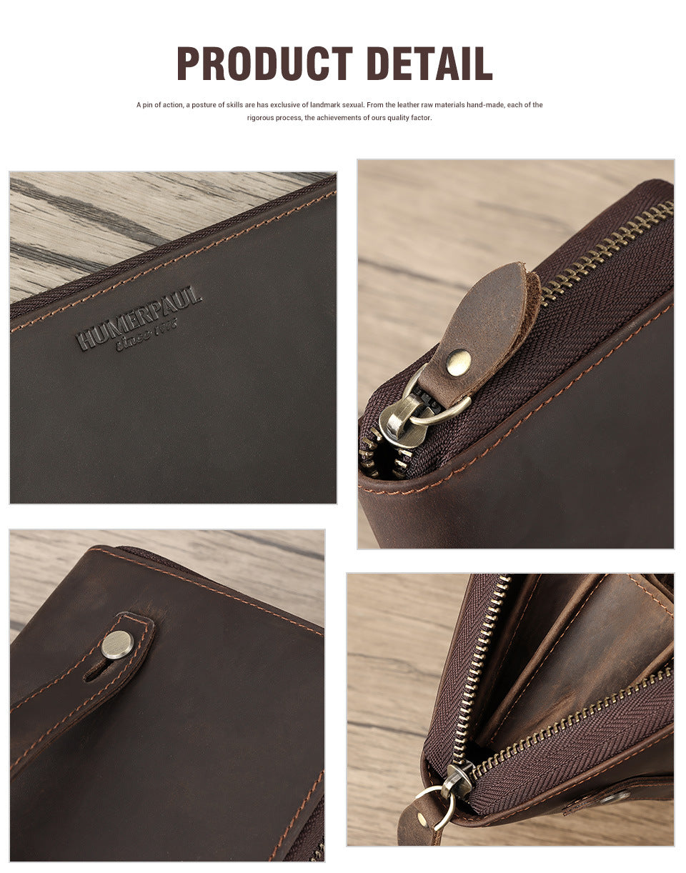 Men's RFID Long Leather Wallet – Full Grain Cowhide Zip Clutch