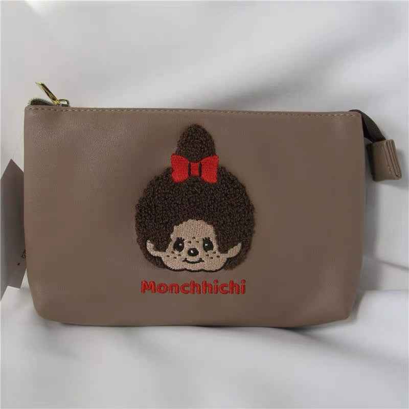 Japanese Monchhichi & Hello Kitty Embroidered Cosmetic Bag Brown