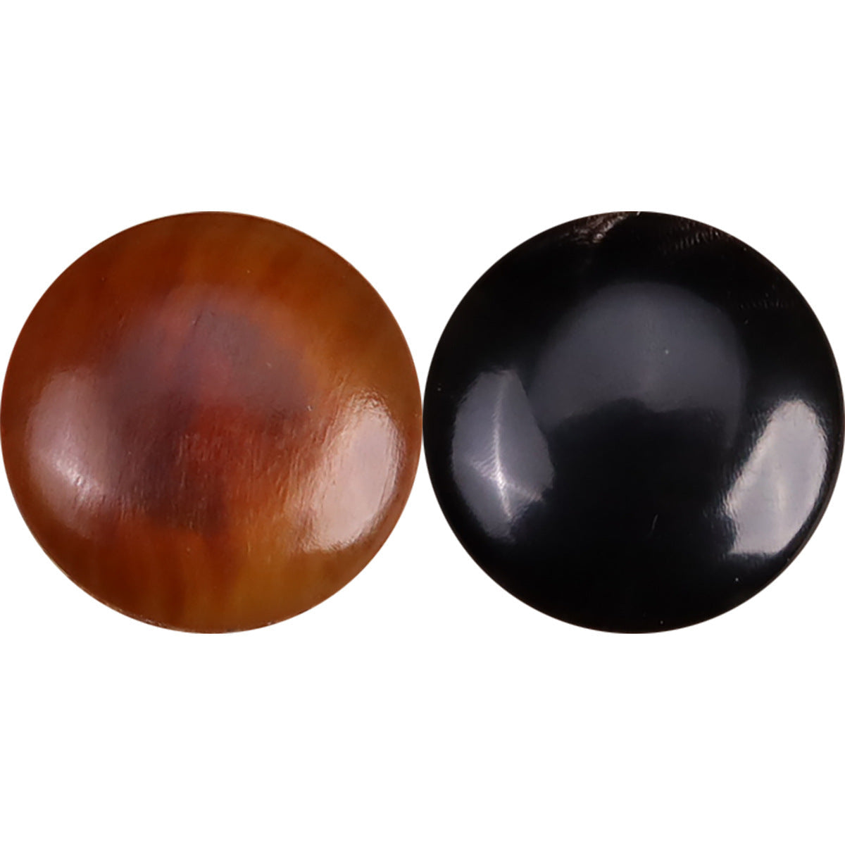 Round horn buttons, dark brown and black, smooth domed fronts with natural sheen