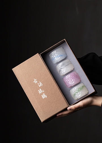50ml Liuli Art Glass Tea Cup Set of 4 | Ink Splash Auspicious Cloud Design