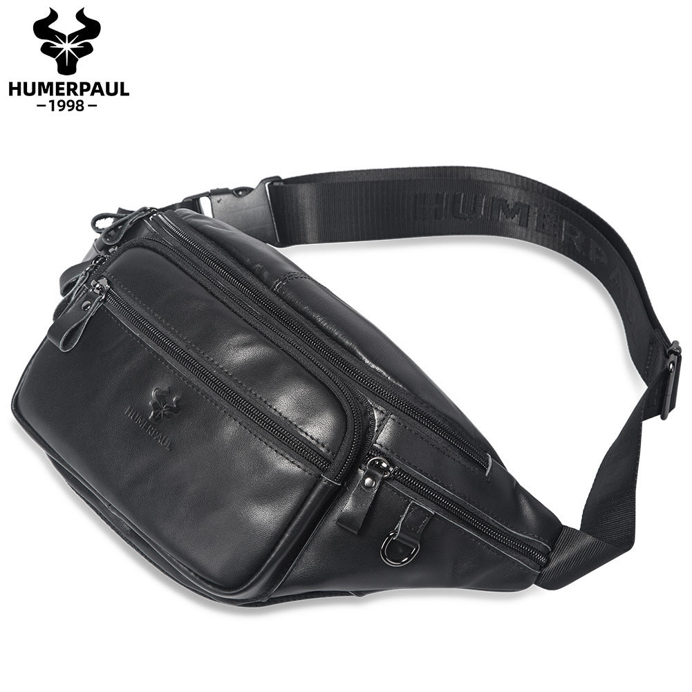 Men's Cowhide Waist Bag,Outdoor Sports Leather Sling Chest Pack Black