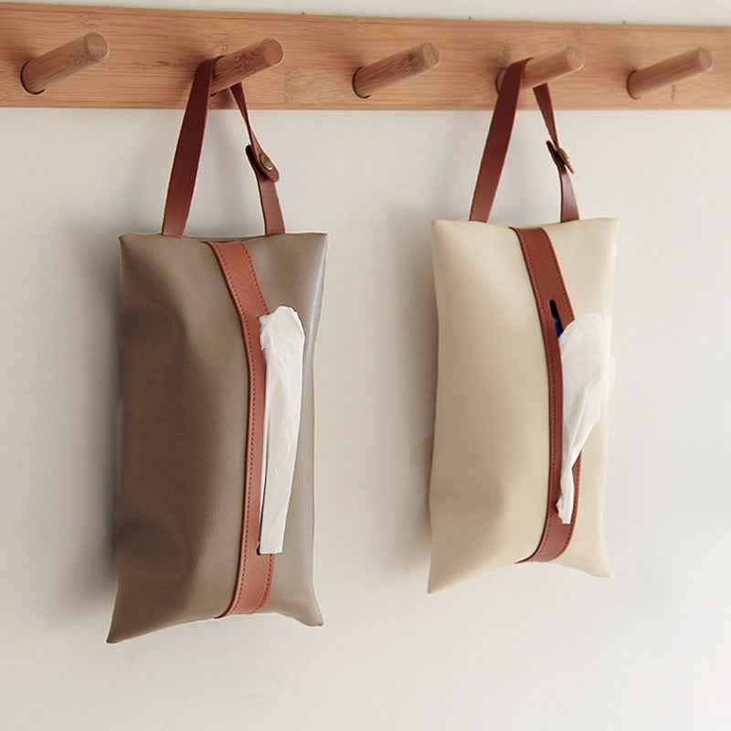 Hanging PU Leather Car Tissue Box Holder Beige