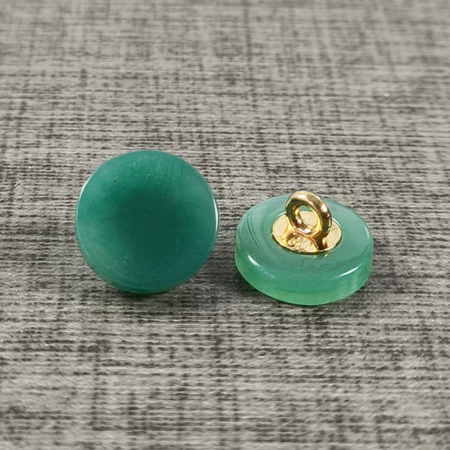 Faux agate resin shank buttons, green round with gold-tone metal shank