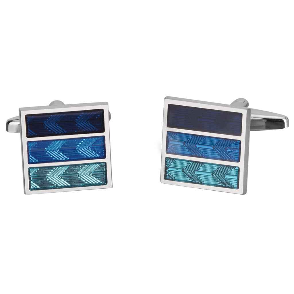 Tri-color blue square French cufflinks with three stacked arrow stripe inlays
