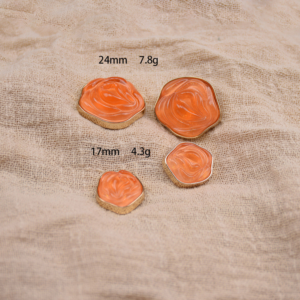 Orange translucent floral resin metal buttons, 24mm; set of 4 shown