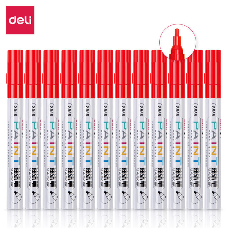 DELI 12pcs Paint Art Marker Pens Oil Based for Metal Rock Canvas Red