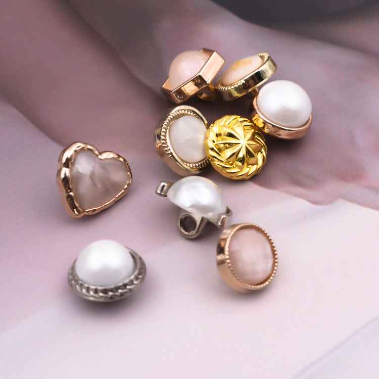 Pearl shirt buttons set, 10mm round discs with silver-tone ornate edges