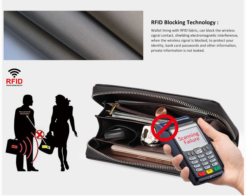 Men's RFID Long Leather Wallet – Full Grain Cowhide Zip Clutch