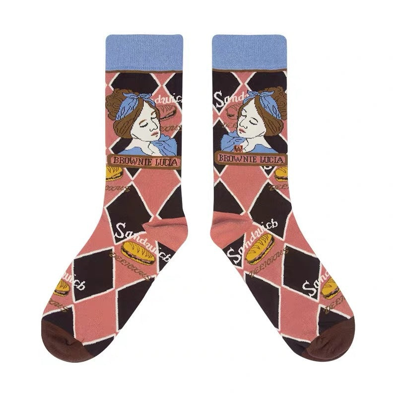 French Illustration Cartoon Cat Crew Socks Pink Kawaii Mid-High 6-Pack