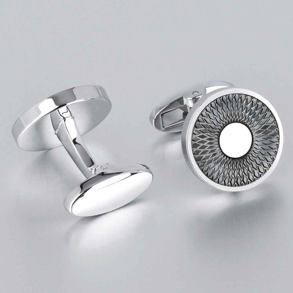 Round engraved cufflinks with diamond texture and circular center, silver-tone