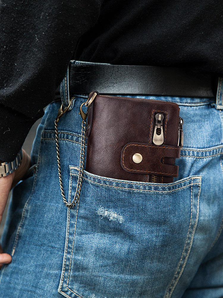 Genuine Leather Short Wallet with RFID Protection Tri-Fold Purse