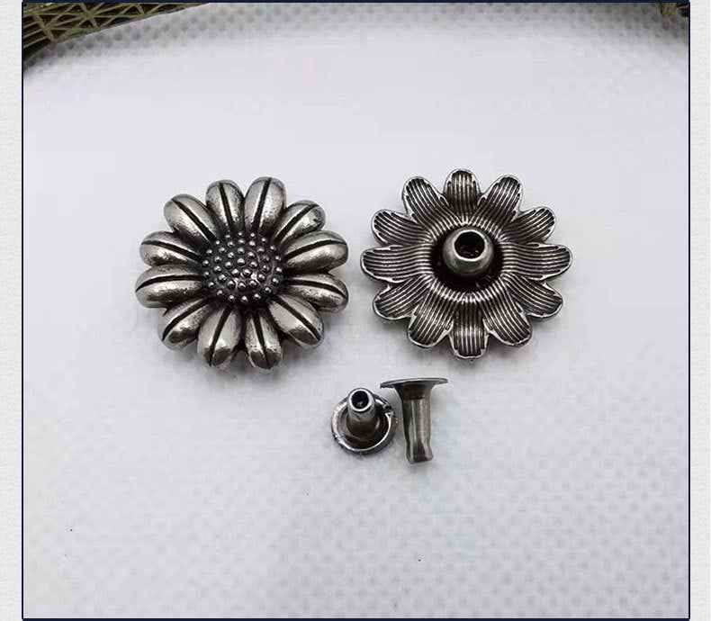 Sunflower rivet studs with textured petals and center stud, antique silver finish