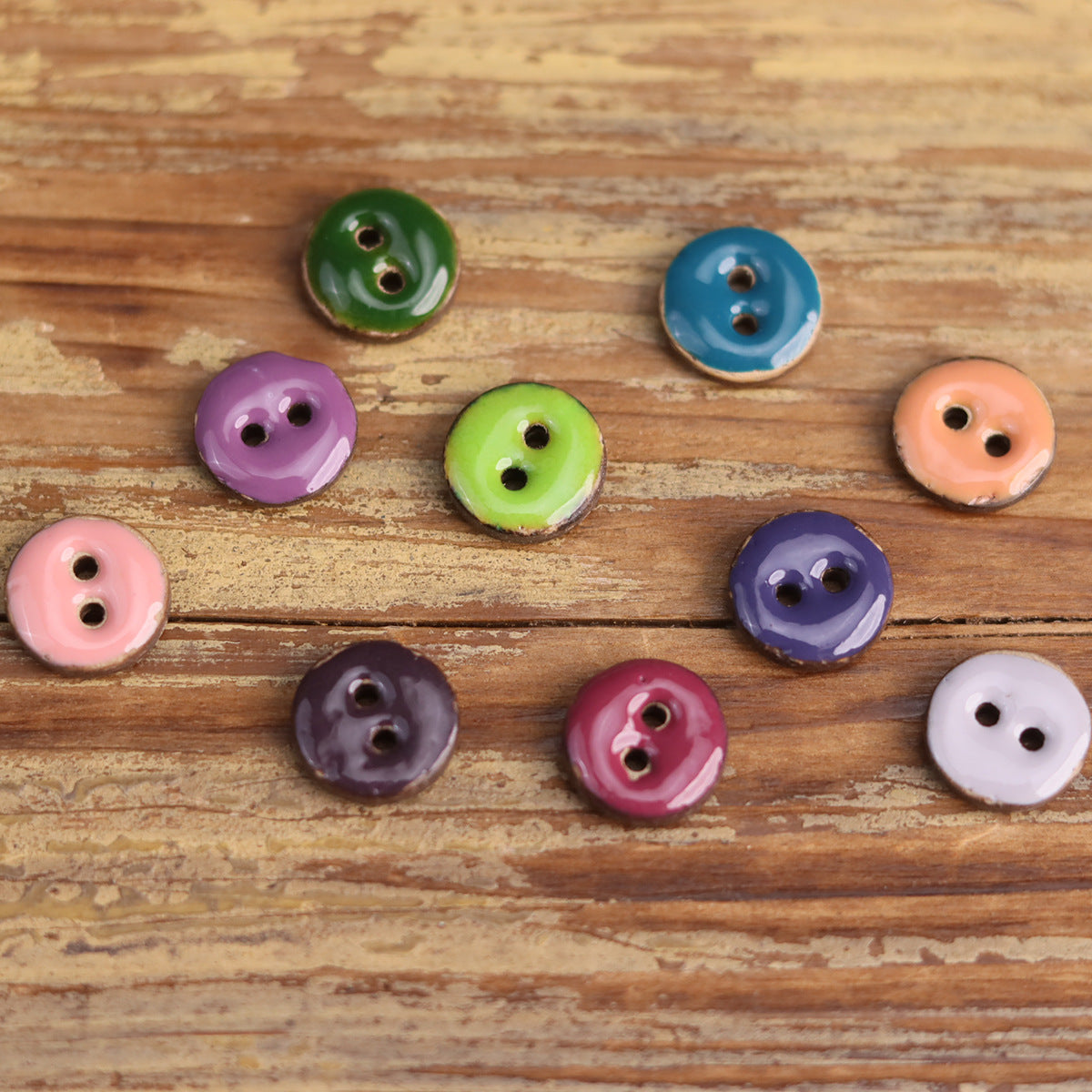 Coconut shell oil-drop round 2-hole buttons, assorted green, blue, purple, peach, navy