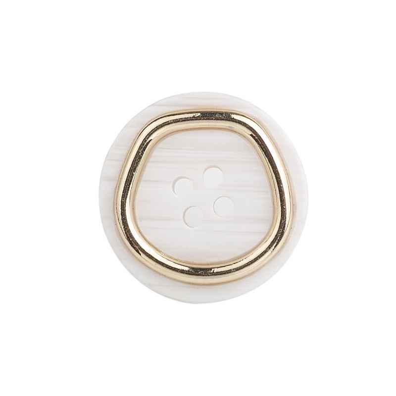 White 4-hole metal-resin suit button, gold rim, four stitch holes