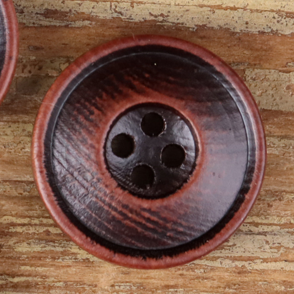 Round 4-hole double-ring button in dark red wood-tone, close-up