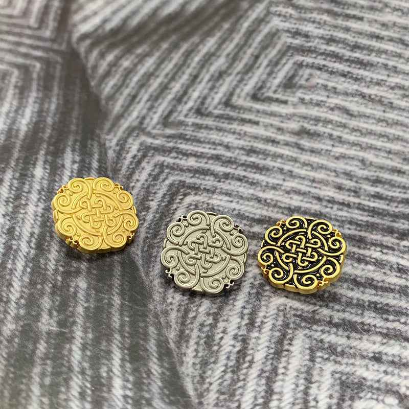 Chinese knot motif metal buttons in matte gold and matte silver, round design set.