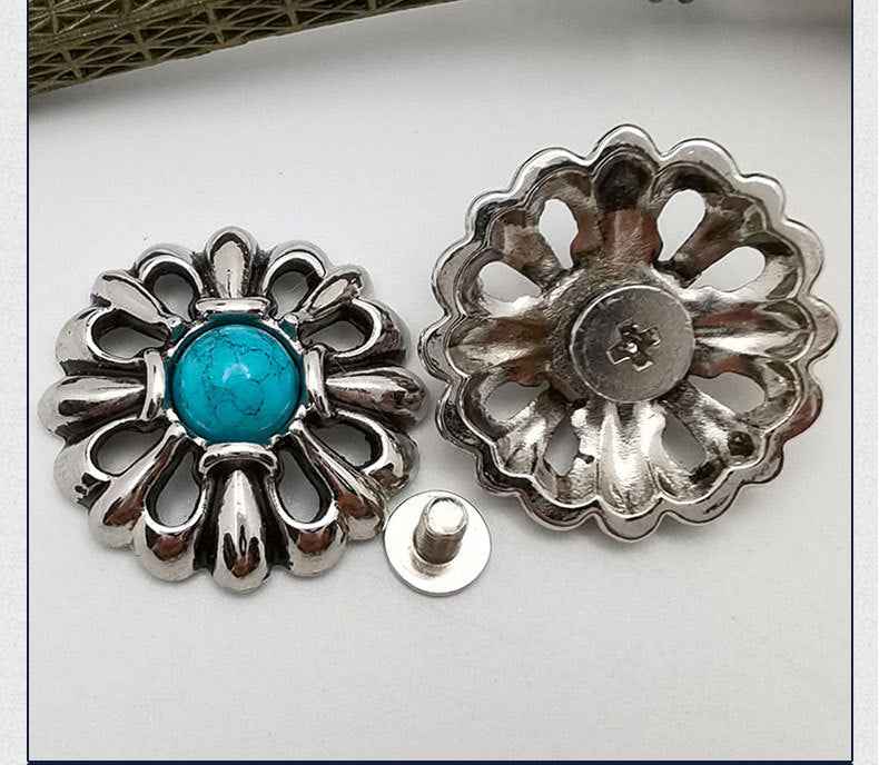 Blumen-Screw-Studs, türkisfarbener runder Stein, silberfarbener Metallkranz