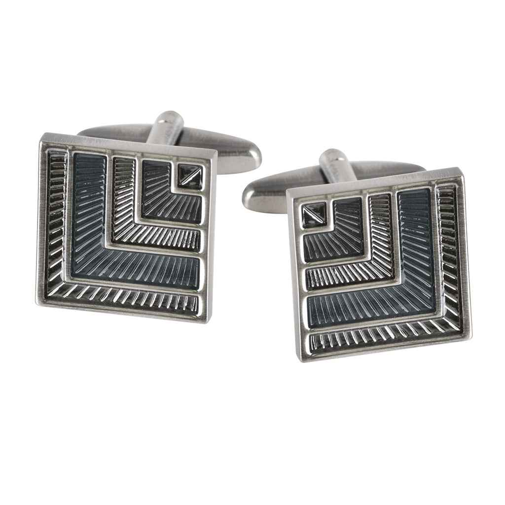 Square resin cufflinks with grey-black checkered pattern and antique silver frame