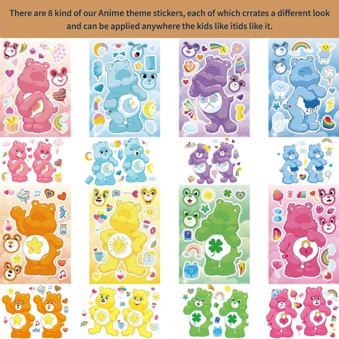 Make a Face Cartoon Care Bears Stickers for Kids 24 Sheets