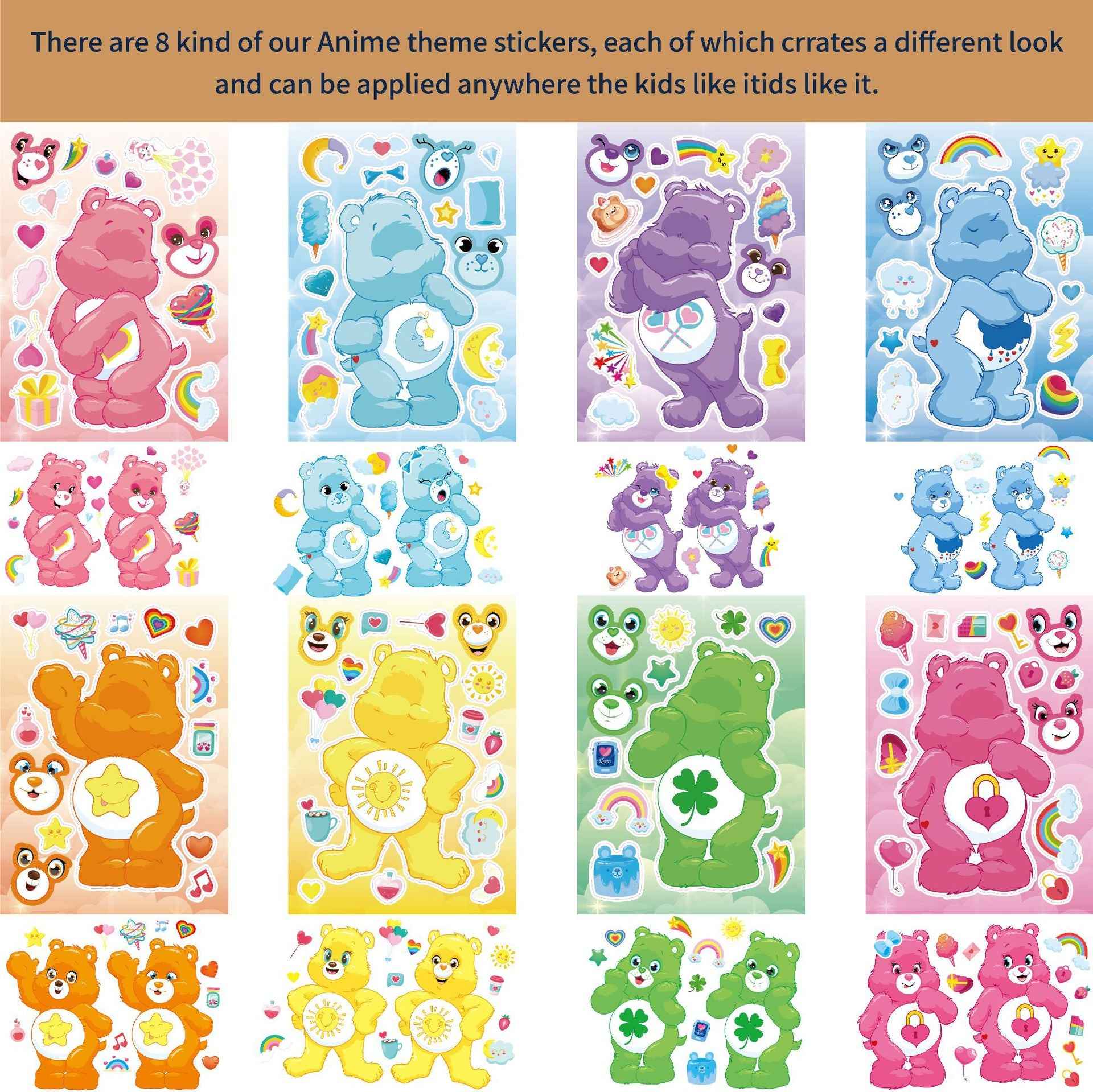 Make a Face Cartoon Care Bears Stickers for Kids 24 Sheets