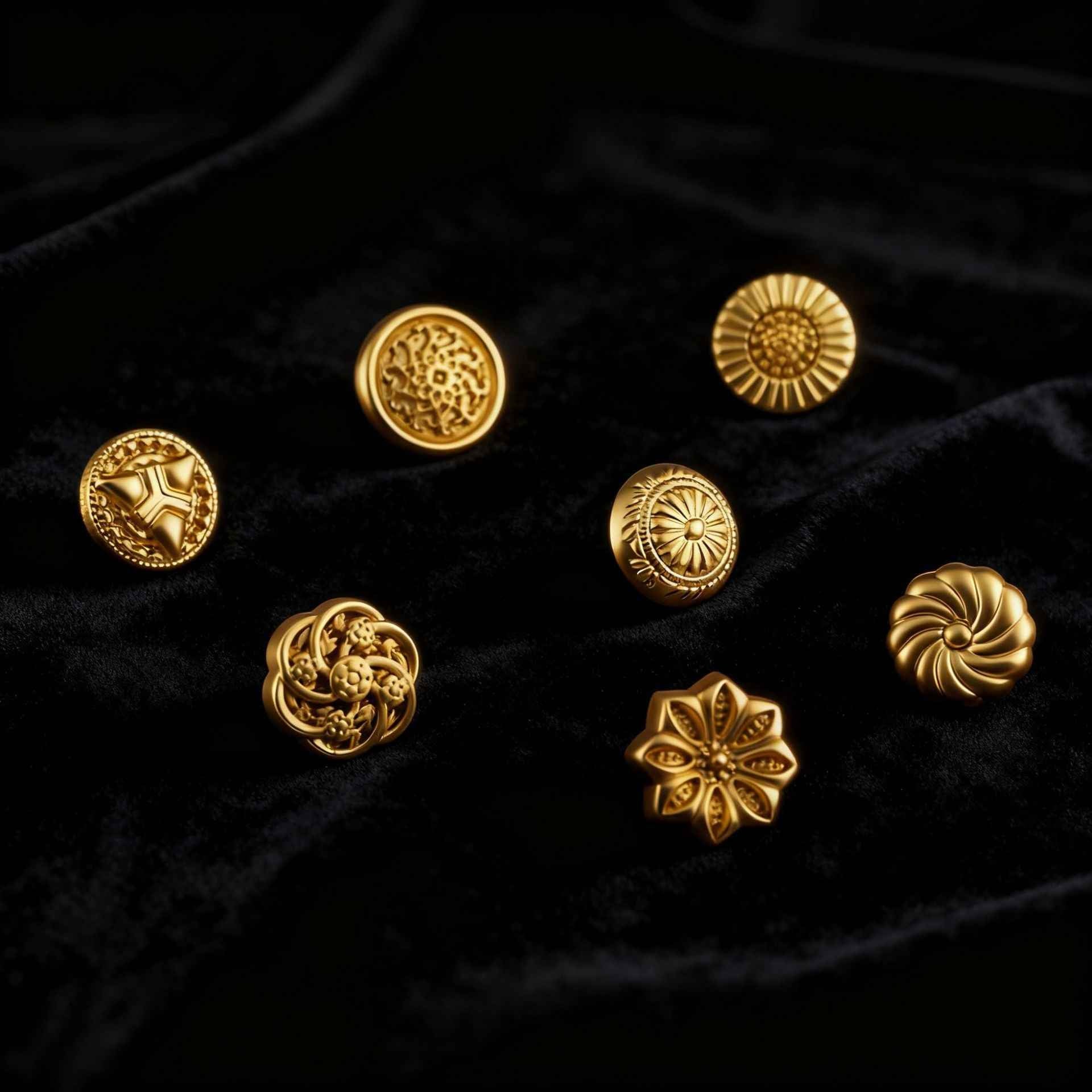 Vintage gold shirt buttons set with circular medallion, floral, and fan motifs