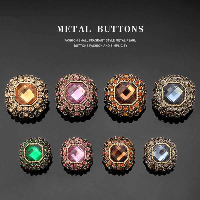 Rhinestone coat shank buttons, gold-tone frames with amber, pink, orange, green and blue-grey stones